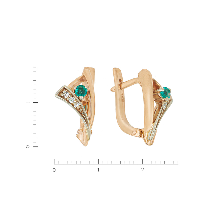 Серьги из комбинированного золота 585 пробы c 6 бриллиантами и 2 изумрудами, Л 2414 3178 за 31430