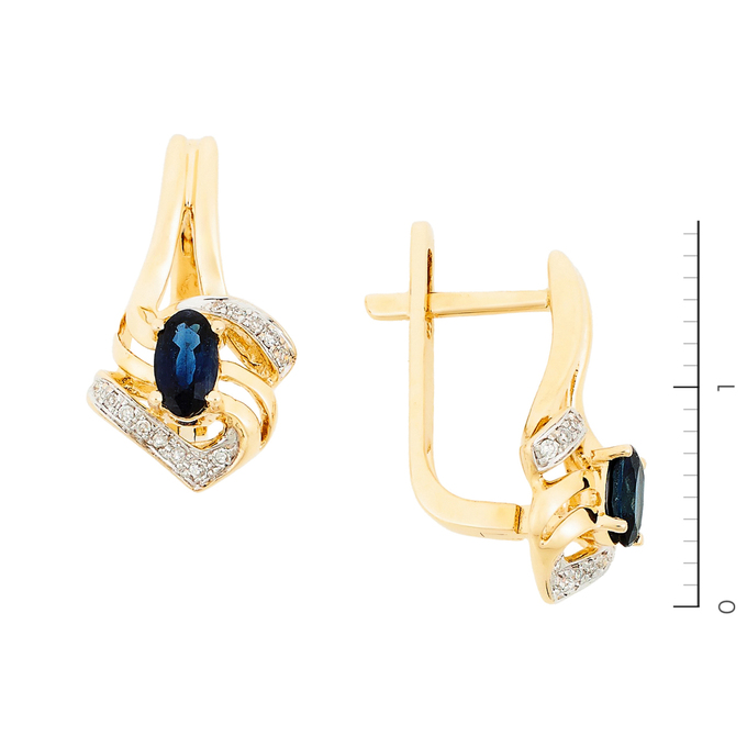 Серьги из комбинированного золота 585 пробы c 26 бриллиантами и 2 сапфирами