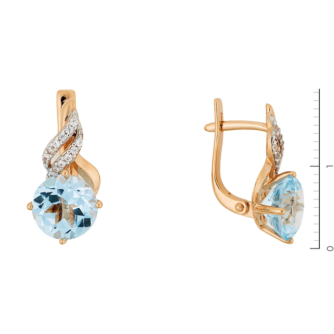 Серьги из комбинированного золота 585 пробы c 2 топазами и 24 фианитами