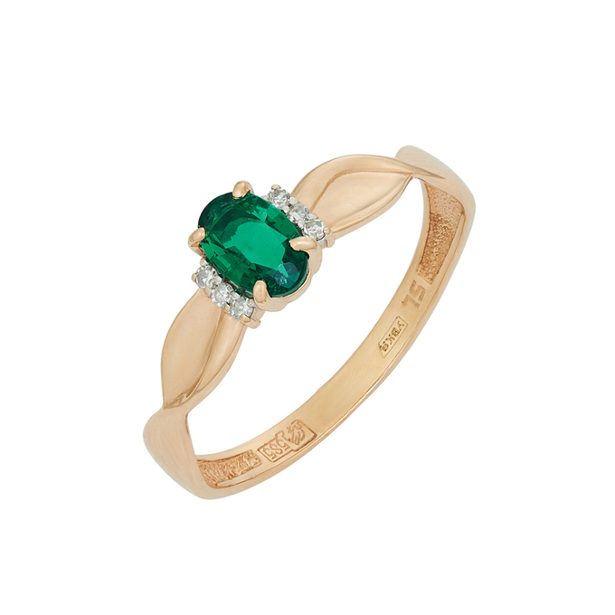 Кольцо из золота 585 пробы c бриллиантами и синтетическим изумрудом