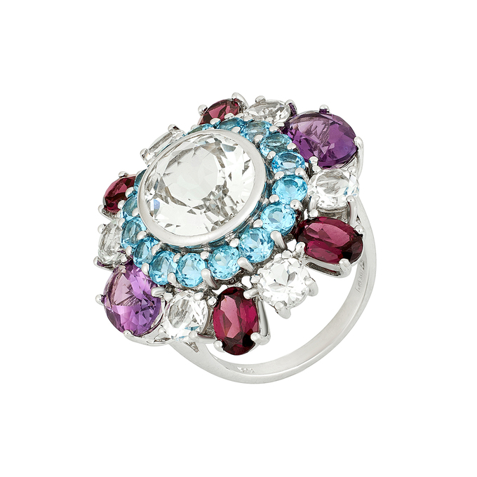 Кольцо из золота 585 пробы c топазами, аметистами и родолитами