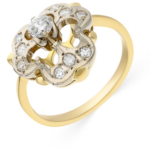 Кольцо из комбинированного золота 750 пробы c 4 бриллиантами и 6 упр. огр. бриллиантами 055546 фото 1