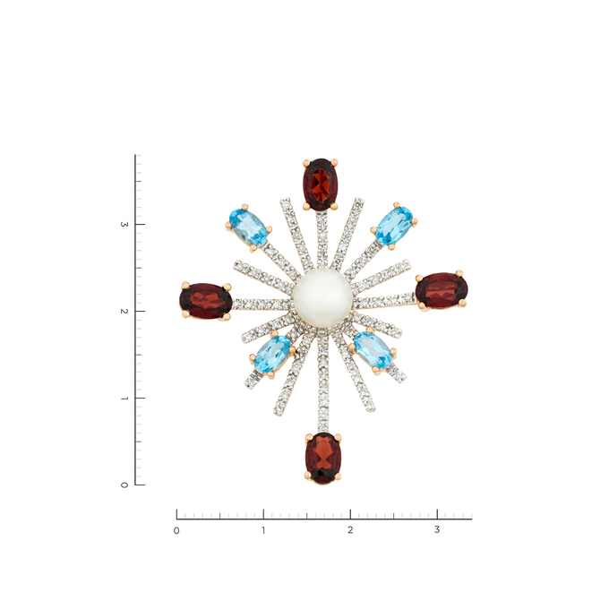Подвеска из золота 585 пробы c 66 бриллиантами и 1 культ. жемчугом и 4 топазами и 4 гранатами, Л 2810 3435 за 67600