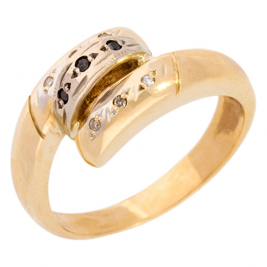 Кольцо из комбинированного золота 585 пробы c 3 облаг. бриллиантами и 6 упр. огр. бриллиантами 006043 фото 1