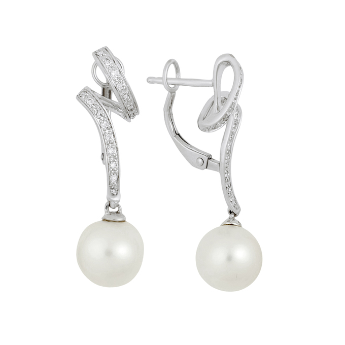 Серьги из золота 585 пробы c бриллиантами и культивированным жемчугом