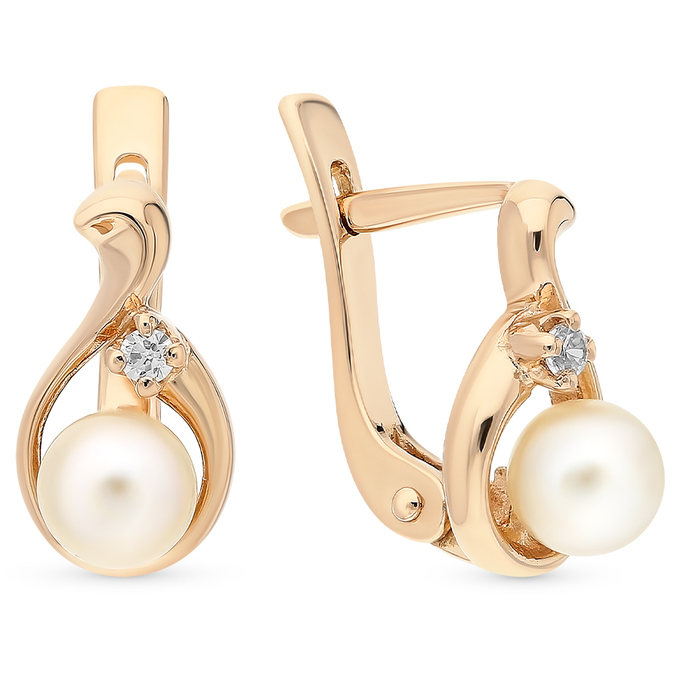Серьги из золота 585 пробы c фианитами и культ. жемчугом