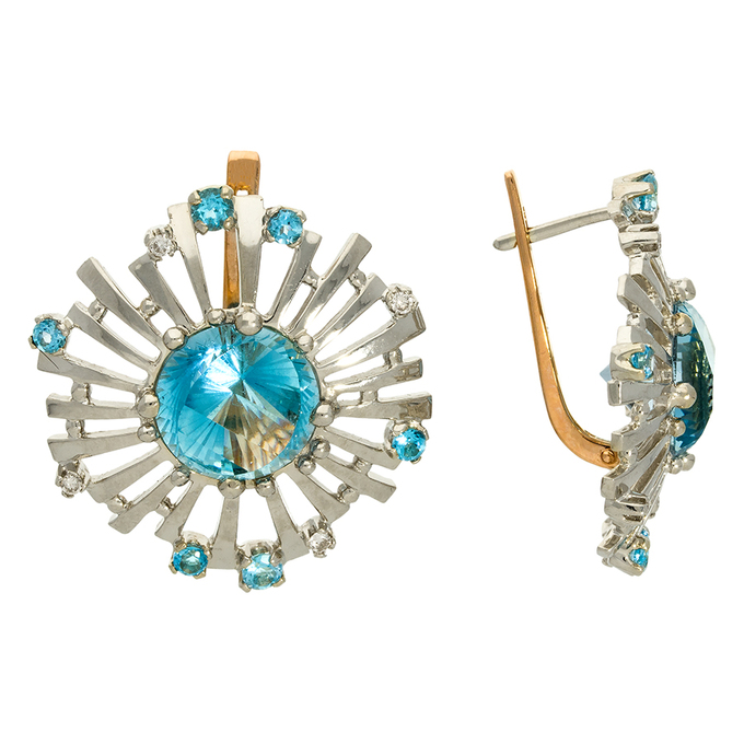 Серьги из комбинированного золота 585 пробы c 8 бриллиантами и топазами