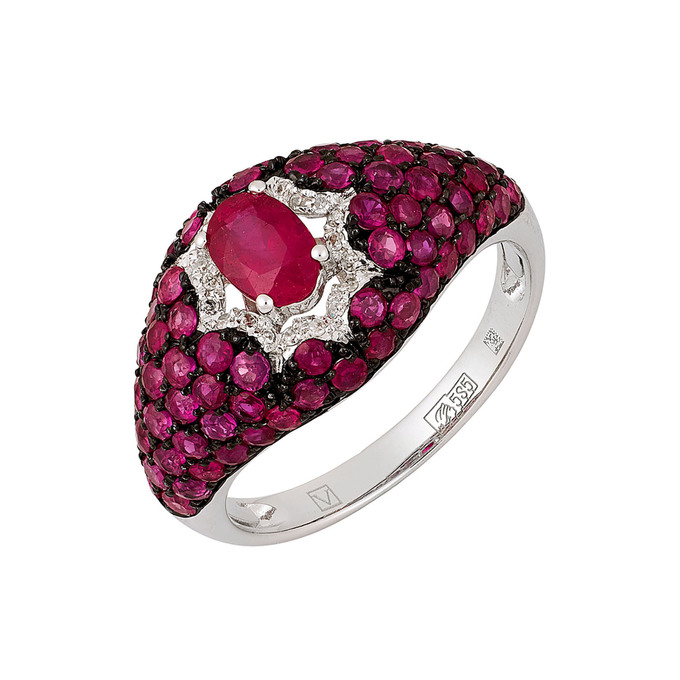 Кольцо из золота 585 пробы c облагороженным рубином, рубинами и бриллиантами