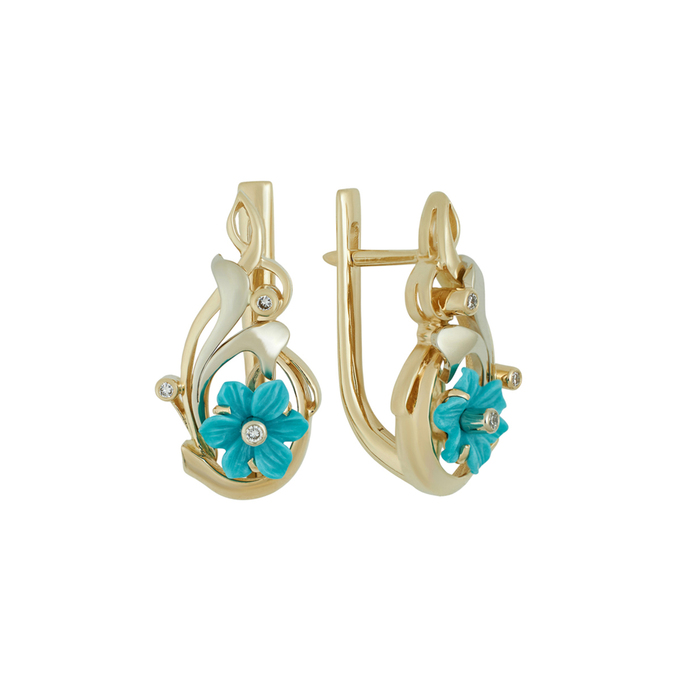 Серьги из золота 585 пробы c бриллиантами и бирюзой, Л 6101 4332 за 66900