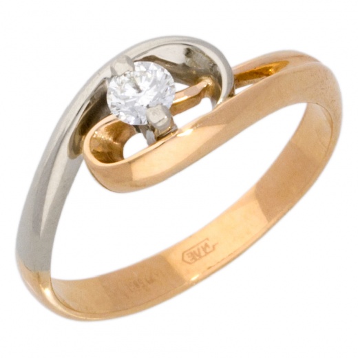 Кольцо из комбинированного золота 585 пробы c 1 бриллиантом 007183 фото 1