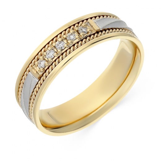Кольцо обручальное из комбинированного золота 585 пробы c 5 бриллиантами Л32038826 фото 1
