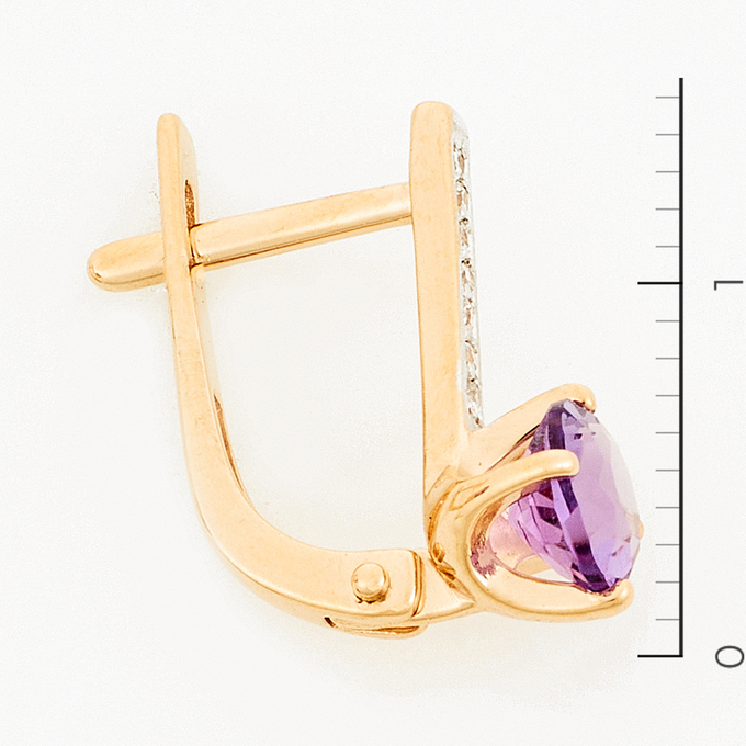 Серьги из красного золота 585 пробы c 2 аметистами и фианитами
