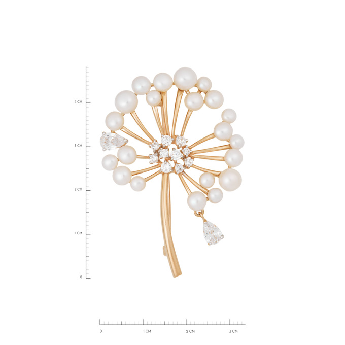Брошь из золота 585 пробы c культивированным жемчугом и фианитами, Л 6002 5466 за 75800