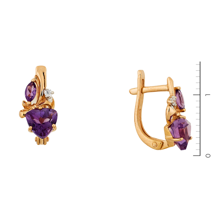 Серьги из красного золота 585 пробы c фианитами и 4 аметистами
