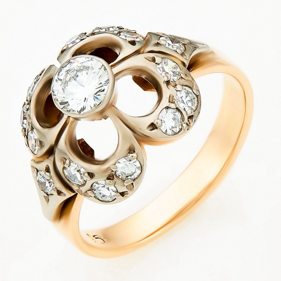 Кольцо из комбинированного золота 583 пробы c 15 бриллиантами, Л73001588 за 67000