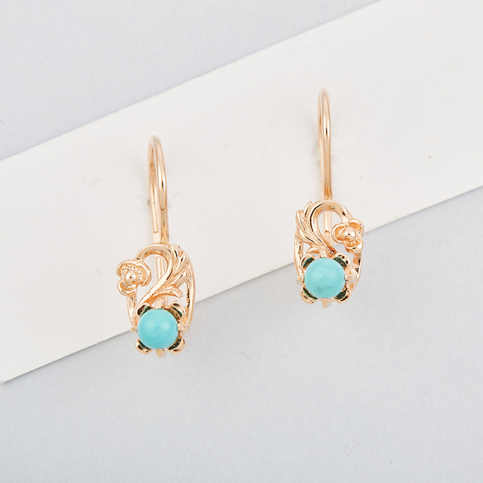 Серьги из красного золота 583 пробы c 2 бирюзой им.