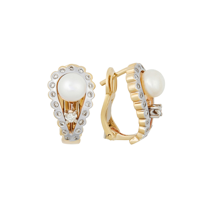 Серьги из золота 585 пробы c бриллиантами и культивированным жемчугом