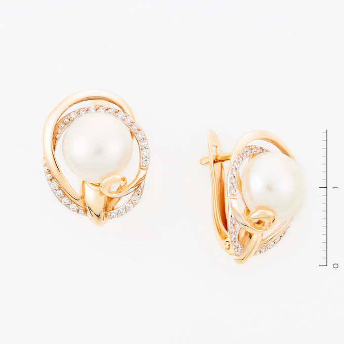 Серьги золото, 585, 3 к.,5,05 гр. (чистый вес 2,95 гр.) со следами износа,  крас. зол.,  купл. в ЗУ; 40 Фианит Бесцветный, 2 Жемчуг культивированный