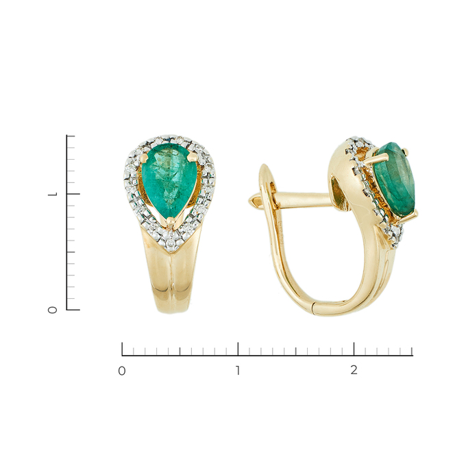 Серьги золото, 585, 3 к.,4,19 гр. (чистый вес 4,14 гр.) со следами износа; 26 Бриллиант Кр17 3/3 вес 0,078 ct, 2 Изумруд ГР 4/3 вес 1,02 ct