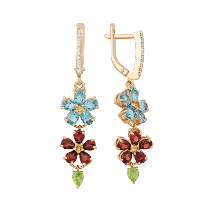 Серьги из золота 585 пробы c топазами, гранатами, хризолитами, цитринами и фианитами