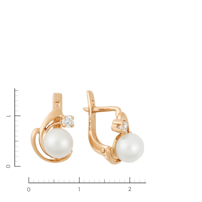 Серьги из красного золота 585 пробы c 2 культ. жемчугами и 2 фианитами