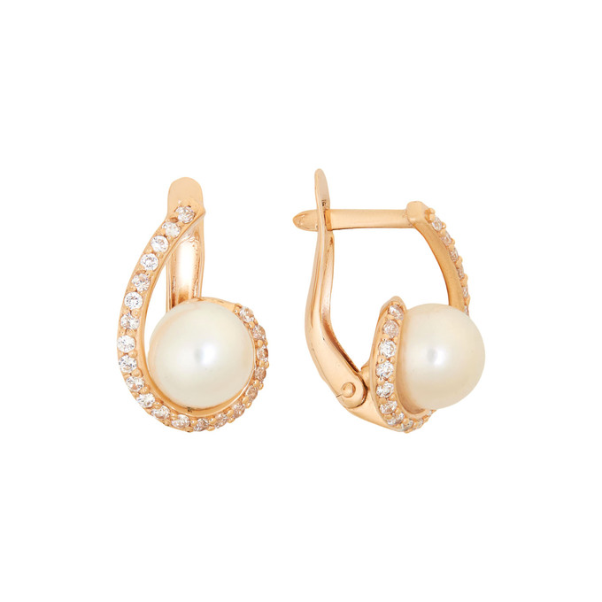 Серьги из золота 585 пробы c фианитами и культивированным жемчугом