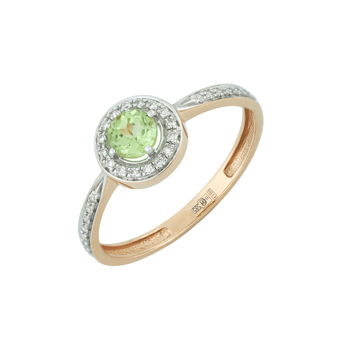 Кольцо из золота 585 пробы c хризолитом и бриллиантами