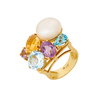 Кольцо из золота 750 пробы c топазами, цитрином, аметистами и культивированным жемчугом