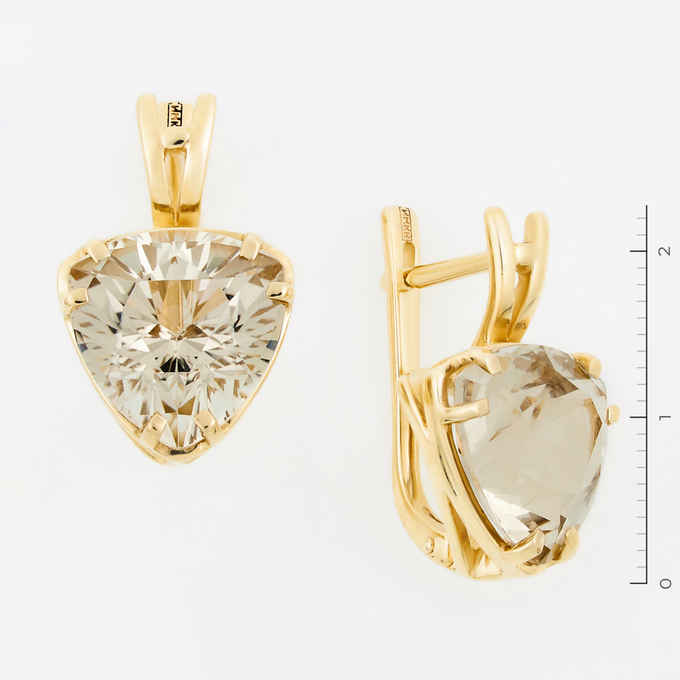Серьги из желтого золота 585 пробы c 2 дымч. кварцами