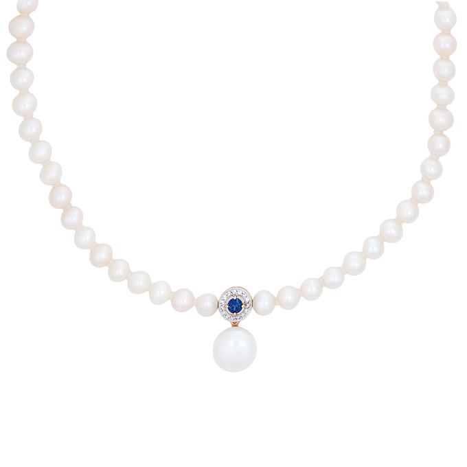 Колье из золота 585 пробы c культивированным жемчугом, синтетическим сапфиром и фианитами, Л 0515 0266 за 55920