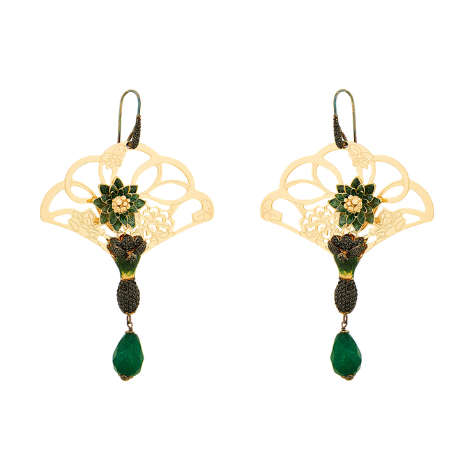 Серьги серебро, 925, 1 к.,35,38 гр. (чистый вес 34,32 гр.) Misis ,  коробка; 2 Нефрит Зеленый, Эмаль, 224 Фианит Черный