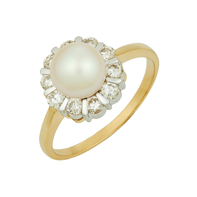 Кольцо из золота 750 пробы c бриллиантами и культивированным жемчугом