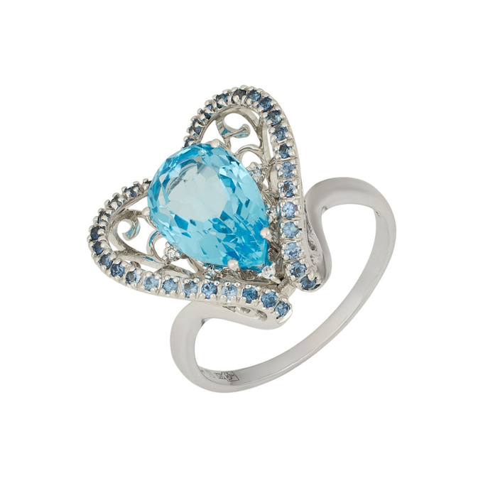 Кольцо из золота 585 пробы c топазом, цветными сапфирами и бриллиантами