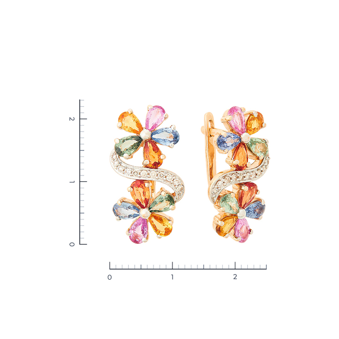 Серьги из красного золота 585 пробы c 22 бриллиантами и 20 цвет. сапфирами