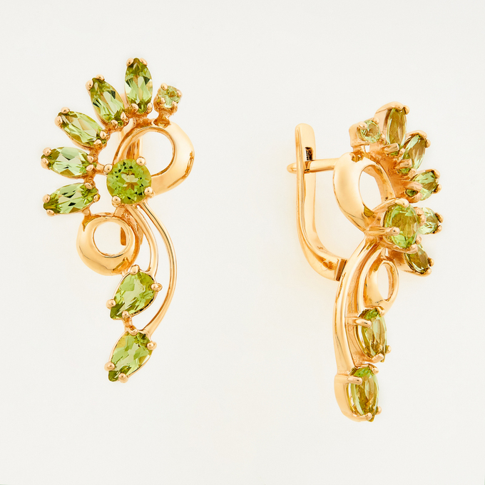 Серьги из красного золота 585 пробы c 18 хризолитами