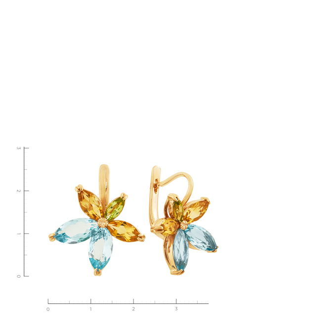 Серьги из красного золота 585 пробы c 4 топазами и 2 хризолитами и 4 цитринами, Л 0514 0143 за 42000