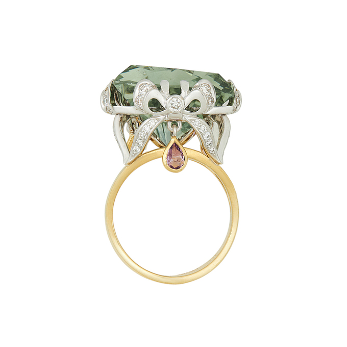 Кольцо из золота 750 пробы c празиолитом, аметистами и бриллиантами, Л 2811 7098 за 195000