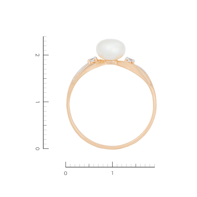 Кольцо из золота 585 пробы c 1 культ. жемчугом и 2 фианитами