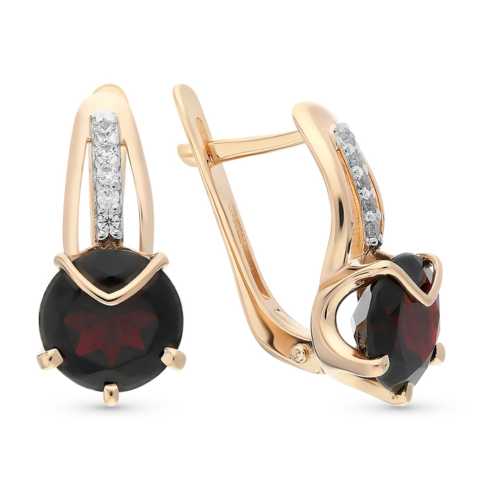 Серьги из золота 585 пробы c 2 гранатами и 1 фианитом