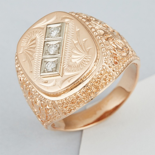 Кольцо печатка из комбинированного золота 583 пробы c 3 бриллиантами 107374 фото 1