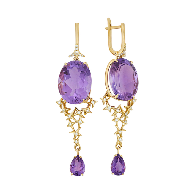 Серьги из золота 750 пробы c аметистами и бриллиантами