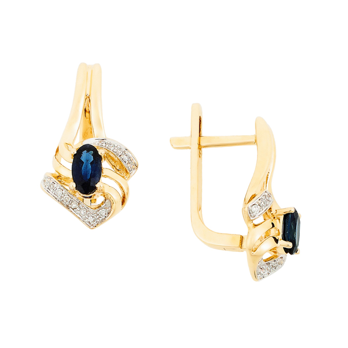 Серьги из комбинированного золота 585 пробы c 26 бриллиантами и 2 сапфирами