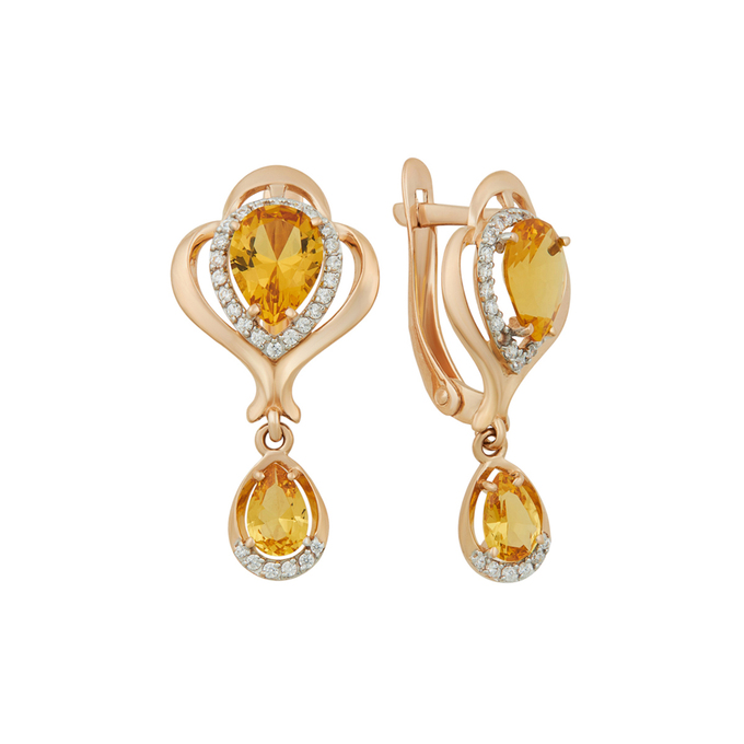 Серьги из золота 585 пробы c цитринами и фианитами