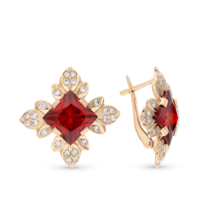 Серьги из красного золота 585 пробы c фианитами и камнями синтетическими