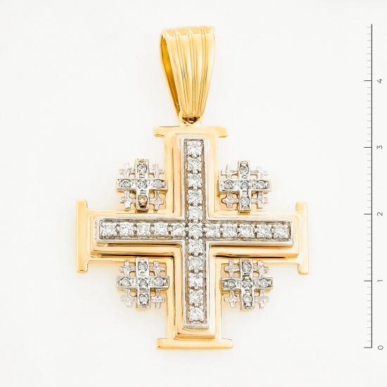 Крестик из комбинированного золота 585 пробы c 41 бриллиантами