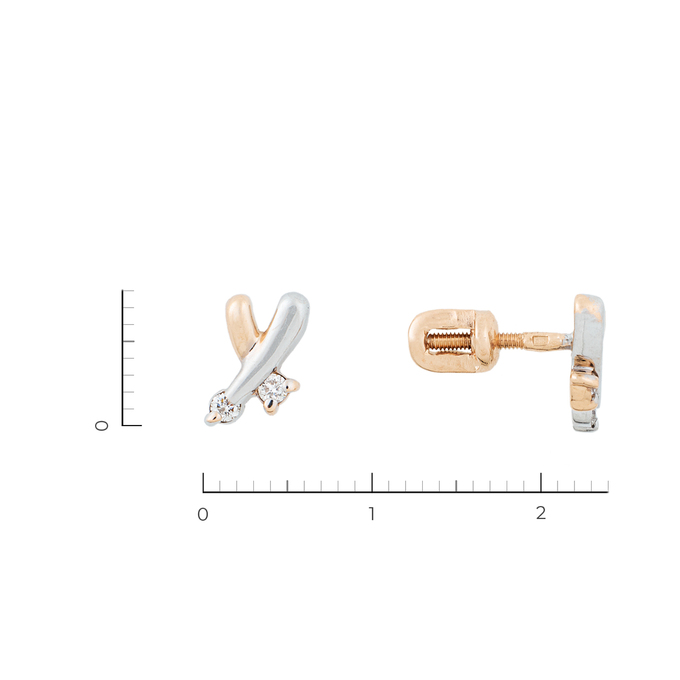 Пусеты из комбинированного золота 585 пробы c 4 бриллиантами