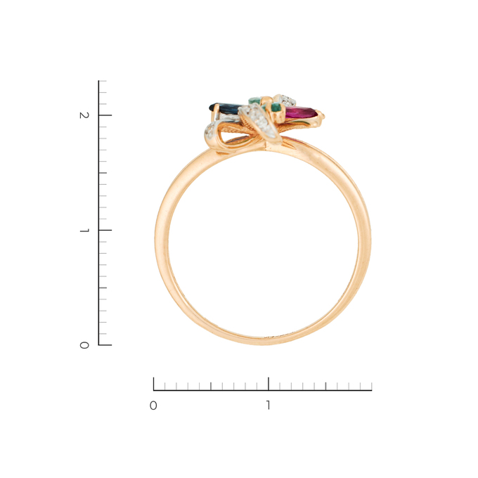 Кольцо из комбинированного золота 585 пробы c 10 бриллиантами и 2 изумрудами и 1 рубином и 1 сапфиром
