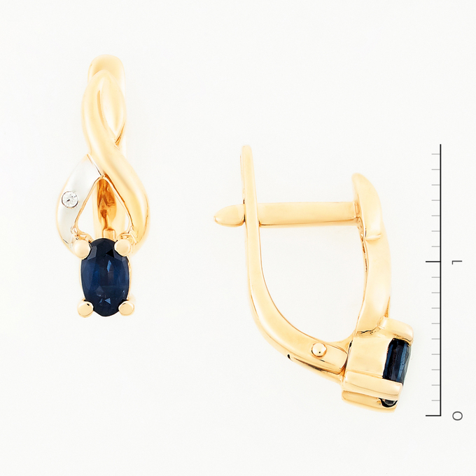 Серьги из красного золота 585 пробы c фианитами и 2 сапфирами