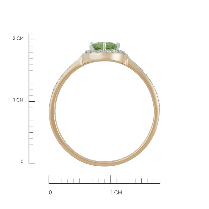 Кольцо из золота 585 пробы c хризолитом и бриллиантами, Л 0911 4169 за 21520