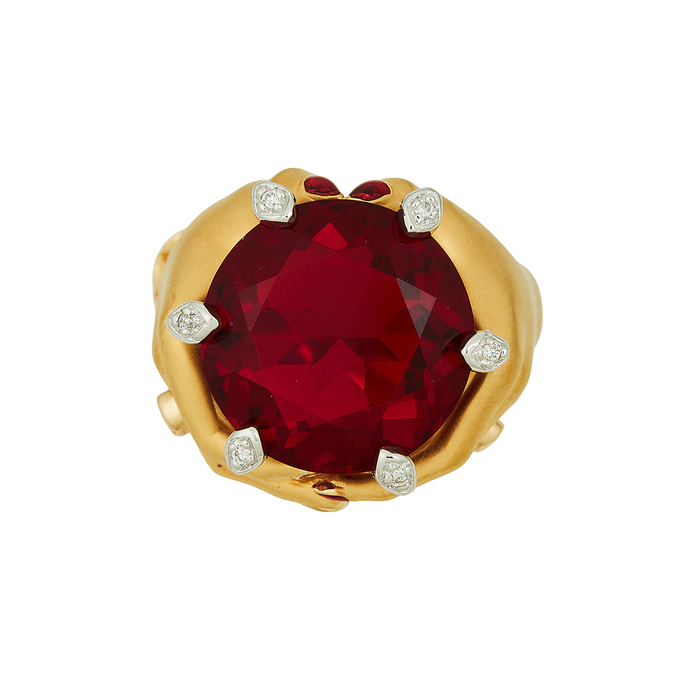 Кольцо из золота 750 пробы c бриллиантами, рубинами, синтетическим камнем и эмалью, Л 0808 8033 за 250000